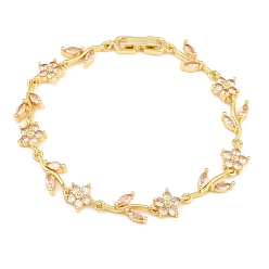 Beige Bracelets en laiton pavé de zirconiums cubiques à maillons en forme de fleur pour femmes, crémaillère plaquage, plaqué longue durée, sans cadmium et sans plomb, réel 18 k plaqué or, beige, 7.44 pouce (18.9 cm)