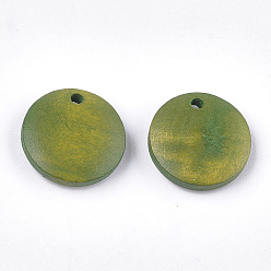 Светло-зеленый Коричневый Расписные деревянные подвески, плоско-круглые, оливковый, 15x4 мм, отверстие : 1.8 мм