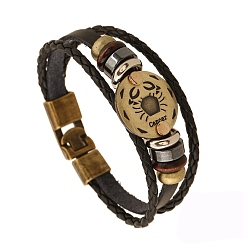 Cancer Cowhide & PU Leather Triple Layer Multi-strand Bracelet, Constellation Alloy & Wood Beaded Gothic Bracelet, Cancer, 8-7/8 inch(22.5cm)