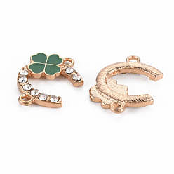 Dark Green Alloy Links Connectors, with Enamel and Crystal Rhinestone, Light Gold, C Shape with Clover, Dark Green, 20x16x2.5mm, Hole: 1.6mm