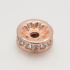 Real Rose Gold Plated CZ Brass Micro Pave Grade AAA Cubic Zirconia Bead Spacers, Flat Round, Cadmium Free & Nickel Free & Lead Free, Real Rose Gold Plated, 8x3mm, Hole: 1.7mm