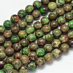 Olive Drab Dyed Natural Ocean Agate/Ocean Jasper Round Beads Strands, Olive Drab, 10mm, Hole: 1mm, about 40pcs/strand, 15.7 inch