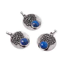 Lapis Lazuli Natural Lapis Lazuli Alloy Pendants, Lead Free & Cadmium Free, Antique Silver, Flat Round with Tree, Dyed, 28.5x24.5x6.5mm, Hole: 4x3.5mm