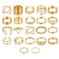 Golden 22Pcs 22 Style Heart & Butterfly & Criss Cross & Wave Alloy Finger Rings Set, Imitation Pearl Stackable Rings for Women, Golden, Inner Diameter: 14.5~18mm, 1Pc/style
