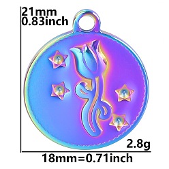 Rainbow Color Stainless Steel Pendant Rhinestone Settings, Flat Round with Rose, for Valentine'd Day, Rainbow Color, 21x18mm, Hole: 2mm, Fit for 1.5mm rhinestone