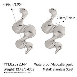 Серебро Волнистые серьги-гвоздики из нержавеющей стали, серебряные, 49.6x24 мм