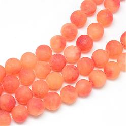 Coral Natural White Jade Bead Strands, Dyed, Frosted, Round, Coral, 10~11mm, Hole: 1.5mm, about 38~39pcs/strand, 14.9 inch