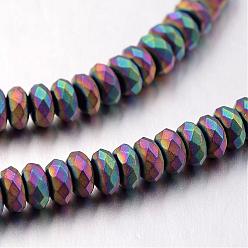 Multi-color Plated Electroplate Non-magnetic Synthetic Hematite Bead Strands, Frosted, Rondelle, Multi-color Plated, 4x3mm, Hole: 1mm, about 130pcs/strand, 15.7 inch
