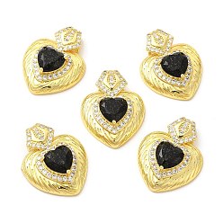 Black Rack Plating Brass & Rhinestone Pendants, with Crushed Ice Cut Cubic Zirconia, Heart Charm, Real 14K Gold Plated, Cadmium Free & Lead Free, Black, 30x23x7.5mm, Hole: 3.5x7mm
