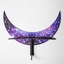 Dark Violet Moon Phase Crescent Wooden Crystal Shelf Jewelry Candlestick Display Stand, Wall Mounted Decorations, with Snap Fastener, for Home Room Wall Decor, Dark Violet, 254x197x60mm