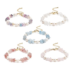 Mixed Stone 5Pcs 5 Style Natural Mixed Gemstone Chips & Pearl Beaded Bracelets Set for Women, 7-1/4 inch(18.5cm), 1Pc/style