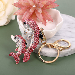 Rose KC Gold Tone Plated Alloy Keychains, with Rhinestone and Enamel, Dolphin, Rose, 12cm