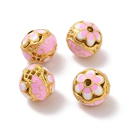 Pink Hollow Alloy Beads, with Enamel, Rondelle with Flower, Matte Gold Color, Pink, 14x13mm, Hole: 2.5mm