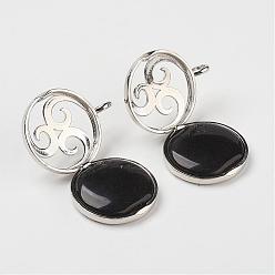 Black Agate Natural Black Agate Pendants, with Brass Diffuser Locket Findings, Flat Round, 31x26x8mm, Hole: 4mm