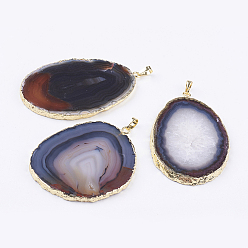 Coconut Brown Natural Agate Big Pendants, with Brass Findings, Nuggets, Golden, Coconut Brown, 59~91x32~65x3~6mm, Hole: 5x7mm