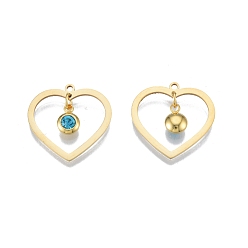 Capri Blue 201 Stainless Steel Pendants, with Rhinestone, Heart with Flat Round, Real 18K Gold Plated, Capri Blue, 23x24x1mm, Hole: 1.6mm
