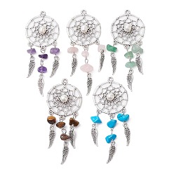 Mixed Stone Mixed Gemstone Chip Big Pendants, Antique Silver Plated Alloy Woven Web/Net with Feather Charms, with Natural Cultured Freshwater Pearl, Mixed Dyed and Undyed, 71~73x28.5x6.5~7mm, Hole: 1.8mm