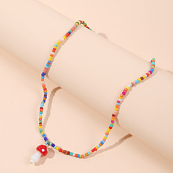 Colorful Resin Mushroom Pendant Necklace with Beaded Chains for Women, Colorful, 17.32 inch(44cm)