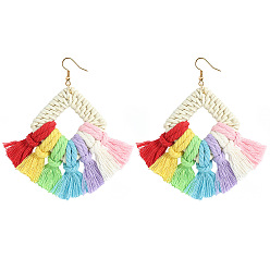 colorful Bohemian Style Cotton Tassel Fan-shaped Earrings for Beach Vacation