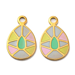 Colorful 304 Stainless Steel Pendants, with Enamel, Teardrop Charm, Real 14K Gold Plated, Colorful, 17x10.5x1~1.5mm, Hole: 1.8mm