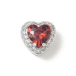 Темно-Красный Латунные бусины, сердце, с микропаве из кубического циркония и кристаллического циркония, без кадмия и без свинца, июль, платина, темно-красный, 9x10x7 мм, отверстие : 2/3x2 мм