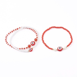 Red Glass Seed Beaded Stretch Bracelets, Stackable Bracelets, with Natural Pearl & Carnelian(Dyed & Heated) Beads and Evil Eye Lampwork Beads, Red, Inner Diameter: 2-1/8~2-1/4 inch(5.4~5.6cm), 3pcs/set