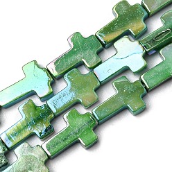 Green Natural Freshwater Shell Beads Strands, Dyed, AB Color Plated, Cross, Green, 12.5~13x9~9.5x2.5~3mm, Hole: 0.5mm, about 29pcs/strand, 14.96''~15.16''(38~38.5cm)