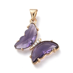 Lilac Brass Micro Pave Clear Cubic Zirconia Pendants, with Glass, Butterfly, Golden, Lilac, 24x21.5x4mm