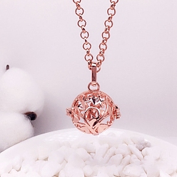 Rose Gold Brass Cage Pendant Necklaces, Round with Leaf, Rose Gold, 20.08~31.50 inch(51~80cm)