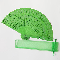 Lime Green Wooden Folding Fan, Vintage Wooden Fan, with Organza Bag, for Party Wedding Dancing Decoration, Lime Green, 200mm, Open Diameter: 330mm