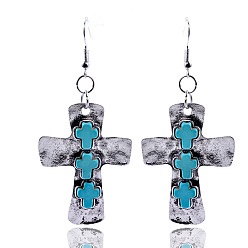 Ancient Silver Blue Pine Vintage Turquoise Cross Alloy Earrings Pendant Studs for Faithful Fashionistas