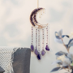 Amethyst Moon Natural Amethyst & Agate Woven Net Suncatchers, Chakra Theme Hanging Pendant Decorations with Glass Beaded, 660mm