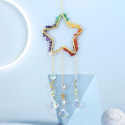 Mixed Stone Glass & Brass Star Pendant Decorations, Suncatchers, Rainbow Maker, with Chips Gemstone, for Home Decoration, 520mm
