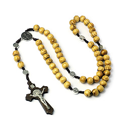 BurlyWood Rosary Bead Necklace for Easter, Alloy Crucifix Cross Pendant Necklace with Wood Beaded Chains for Women, BurlyWood, 17.32 inch(44cm)