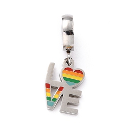 Stainless Steel Color 304 Stainless Steel European Dangle Charms, with Enamel, Large Hole Pendants, Word Love, Stainless Steel Color, 24mm, Hole: 4mm, Love: 13.5x9x1.5mm