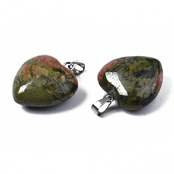 Unakite Natural Unakite Pendants, with Stainless Steel Snap On Bails, Heart, Stainless Steel Color, 22x20x9mm, Hole: 6x2mm