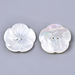 Seashell Color 2-Hole White Shell Mother of Pearl Shell Buttons, Flower, Seashell Color, 27x27.5x4mm, Hole: 1.4mm