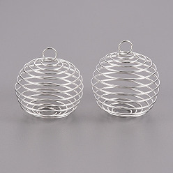 Silver Iron Wire Pendants, Spiral Bead Cage Pendants, Round, Silver, 28x23mm, Hole: 5mm