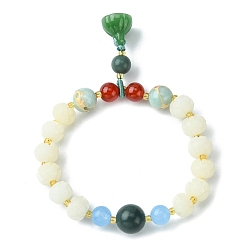Colorful Dyed Bodhi Wood & Natural Agate Beaded Stretch Bracelet with Lotus Charms for Women, Colorful, Inner Diameter: 2 inch(5.2cm)