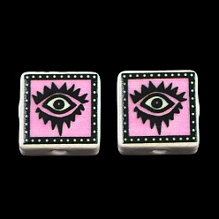 Pearl Pink Printed Handmade Porcelain Beads, Square, Pearl Pink, 15~15.5x15~15.5x7.5~8mm, Hole: 2mm