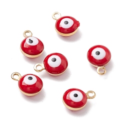 Малиновый Латунь прелести, с двусторонней эмалью, долговечный, реальный 18 k позолоченный, плоский круглый с оберегами от сглаза, малиновый, 9x6.5x4 мм, отверстие : 1.2 мм