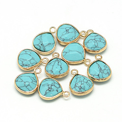Turquoise Synthetic Turquoise Pendants, with Nickel Free Brass Findings, Faceted, Dyed, teardrop, Golden, Turquoise, 17.5x13.5x6.5mm, Hole: 2mm