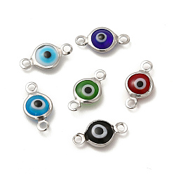 Mixed Color 304 Stainless Steel Connector Charms, Flat Round Links with Evil Eye Pattern, with Glass Enamel, Stainless Steel Color, Mixed Color, 13x6.5x2.5mm, Hole: 1.5mm