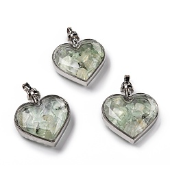 Prehnite Glass Bottle Pendants, with Natural Prehnite Chips and Platinum Plated Alloy Findings, Heart, 40x32.5x11mm, Hole: 8x5mm