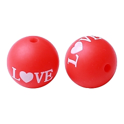 Word Valentine's Day Theme Food Grade Silicone Beads, Chewing Beads For Teethers, DIY Nursing Necklaces Making, Round, Word, 15mm