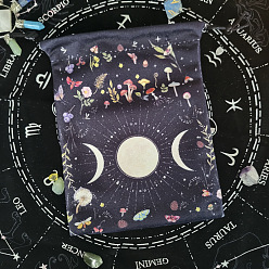 Sun Velvet Tarot Cards Storage Drawstring Bags, Tarot Desk Storage Holder, Black, Rectangle, Sun Pattern, 18x13cm