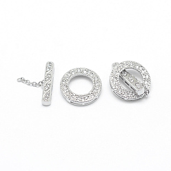 Real Platinum Plated Brass Toggle Clasps, with Cubic Zirconia, Cadmium Free & Nickel Free & Lead Free, Real Platinum Plated, Ring: 17x3mm, Hole: 1x5mm, Bar: 20x5x3mm, Hole: 3x1mm