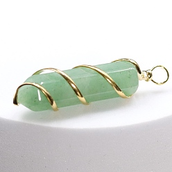 Green Aventurine Natural Green Aventurine Copper Wire Wrapped Pointed Pendants, Faceted Bullet Charms, Golden, 45x10mm