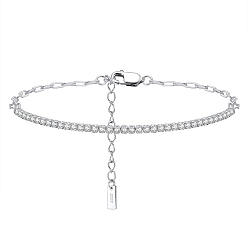 Platinum Clear Cubic Zirconia Tennis Bracelets, Rhodium Plated 925 Sterling Silver Paperclip Chains Bracelet, with S925 Stamp, Platinum, 18x0.2cm