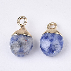 Blue Spot Jasper Electroplate Natural Blue Spot Jasper Charms, with Iron Findings, Faceted, Oval, Golden, 14~15x8x5~5.5mm, Hole: 1.8mm